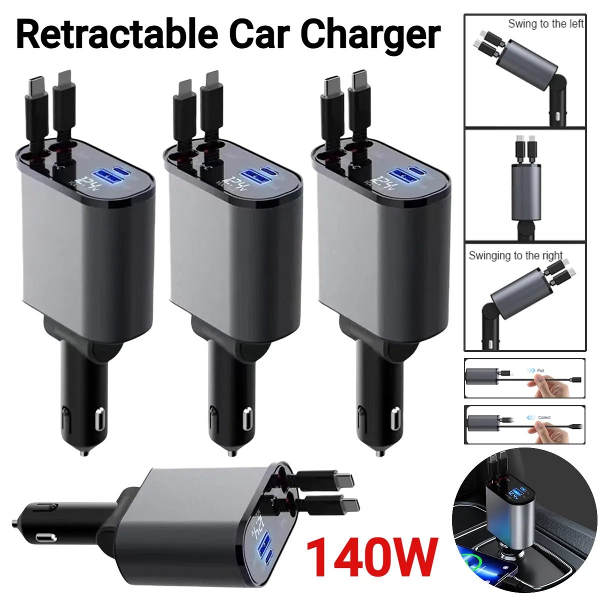 120W 4 IN 1 Retractable Car Charger USB C Cable For IPhone Huawei Samsung Fast Charge Cord Cigarette Lighter Adapter PD QC3.0 - My Special Person