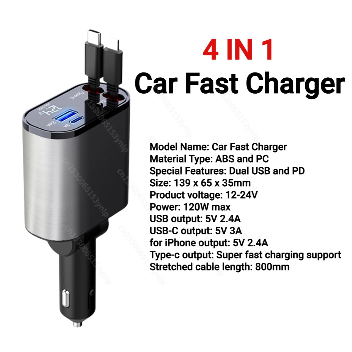 120W 4 IN 1 Retractable Car Charger USB C Cable For IPhone Huawei Samsung Fast Charge Cord Cigarette Lighter Adapter PD QC3.0 - My Special Person