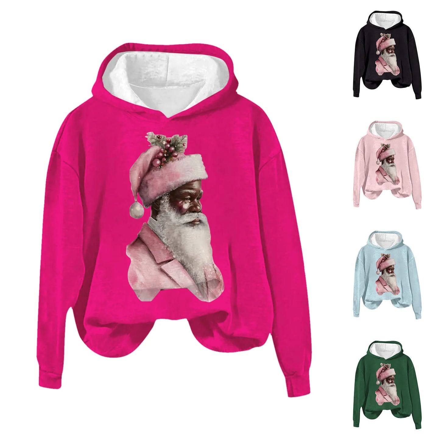 2024 New Women's Black Santa Print Hoodie Cute Santa Christmas