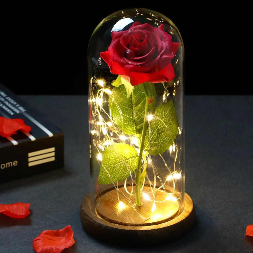Glowing Love: Exquisite LED Galaxy Rose with 24K Gold Finish and Fairy String Lights in a Holiday Dome