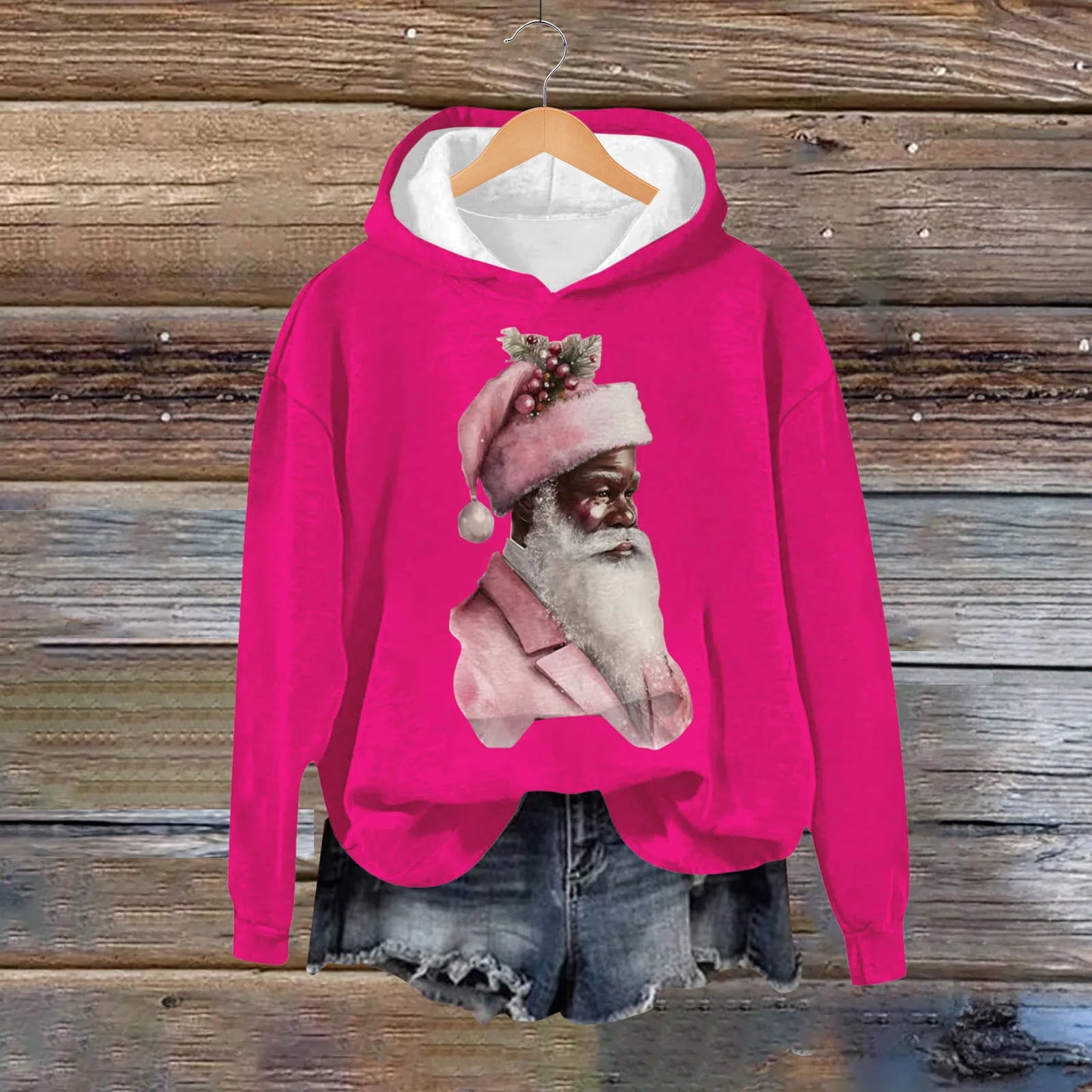 2024 New Women's Black Santa Print Hoodie Cute Santa Christmas