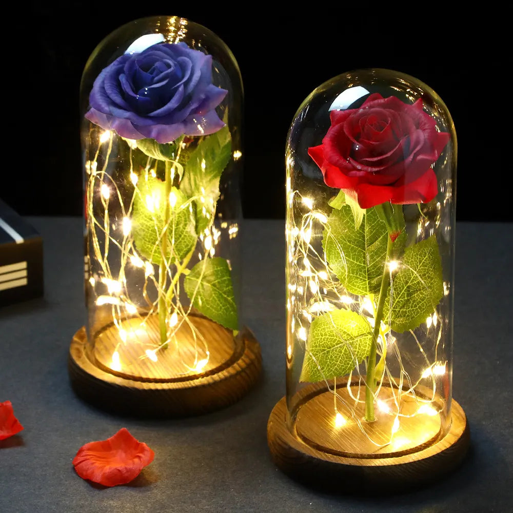 Glowing Love: Exquisite LED Galaxy Rose with 24K Gold Finish and Fairy String Lights in a Holiday Dome