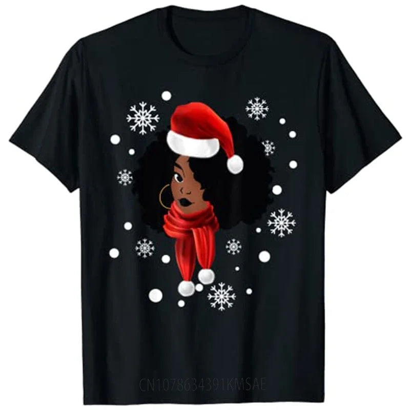 Black African American Santa Christmas Melanin Women T-Shirt Graphic Tee