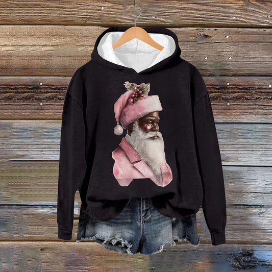 2024 New Women's Black Santa Print Hoodie Cute Santa Christmas