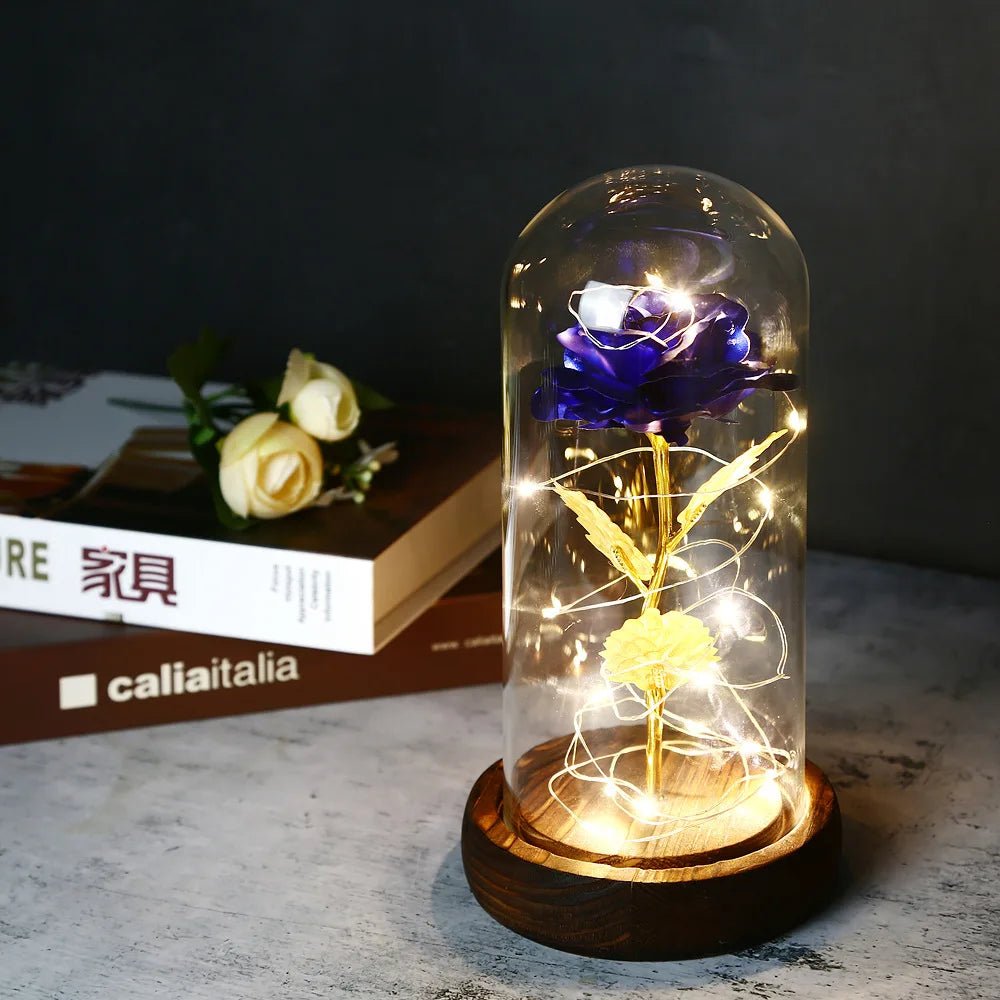 Glowing Love: Exquisite LED Galaxy Rose with 24K Gold Finish and Fairy String Lights in a Holiday Dome - My Special Person