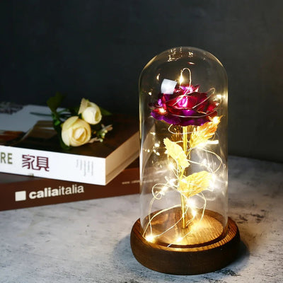 Glowing Love: Exquisite LED Galaxy Rose with 24K Gold Finish and Fairy String Lights in a Holiday Dome - My Special Person