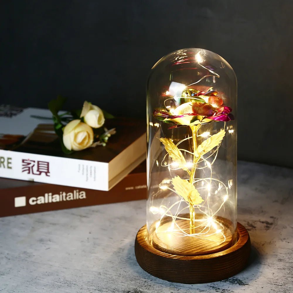 Glowing Love: Exquisite LED Galaxy Rose with 24K Gold Finish and Fairy String Lights in a Holiday Dome - My Special Person