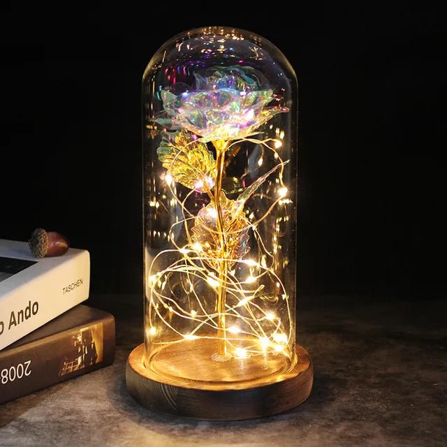 Glowing Love: Exquisite LED Galaxy Rose with 24K Gold Finish and Fairy String Lights in a Holiday Dome - My Special Person