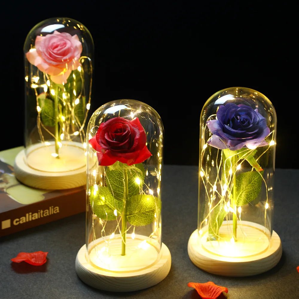 Glowing Love: Exquisite LED Galaxy Rose with 24K Gold Finish and Fairy String Lights in a Holiday Dome - My Special Person