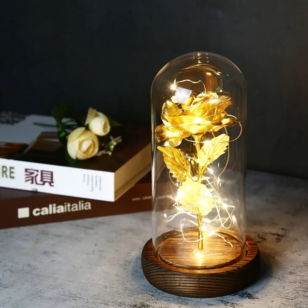 Glowing Love: Exquisite LED Galaxy Rose with 24K Gold Finish and Fairy String Lights in a Holiday Dome - My Special Person