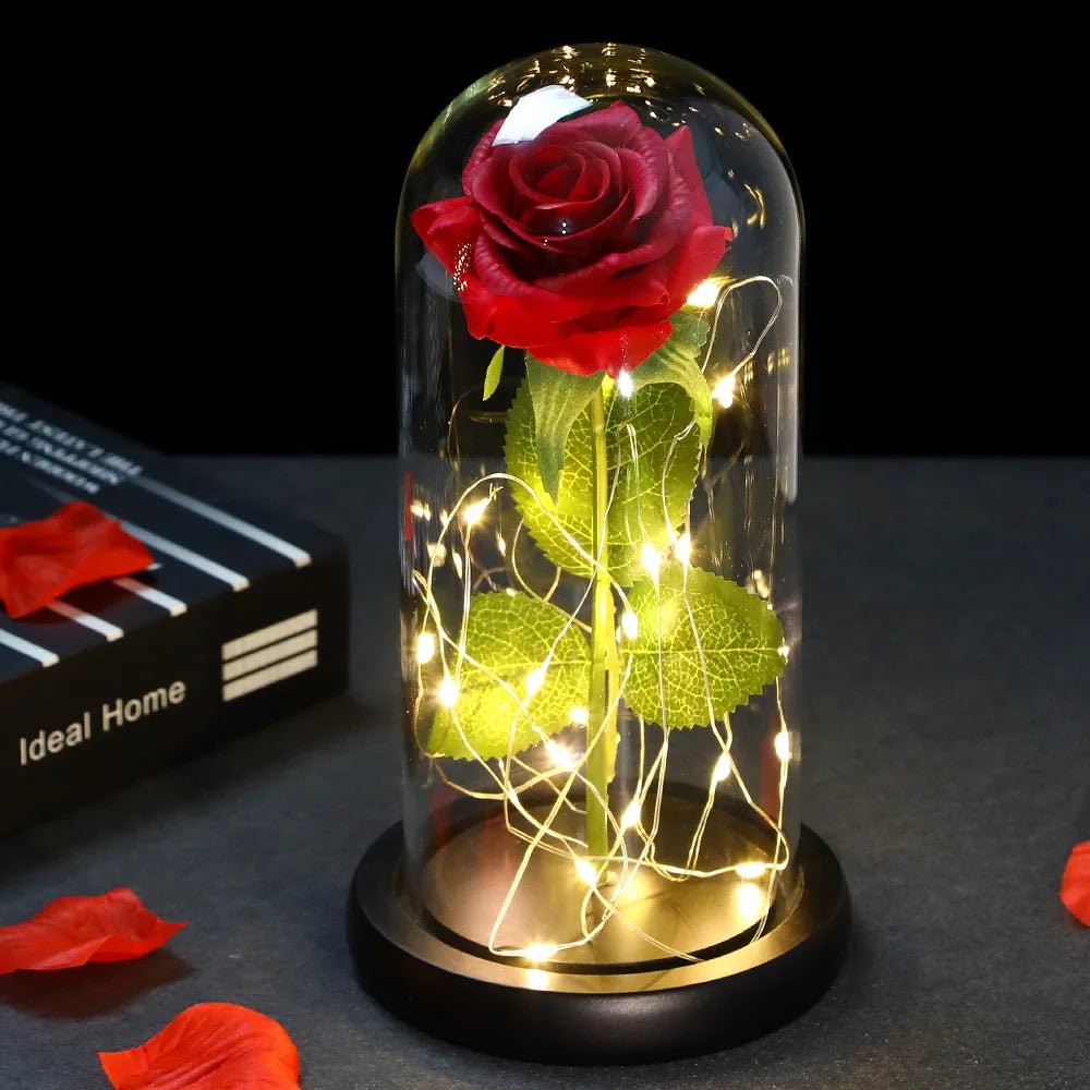 Glowing Love: Exquisite LED Galaxy Rose with 24K Gold Finish and Fairy String Lights in a Holiday Dome - My Special Person