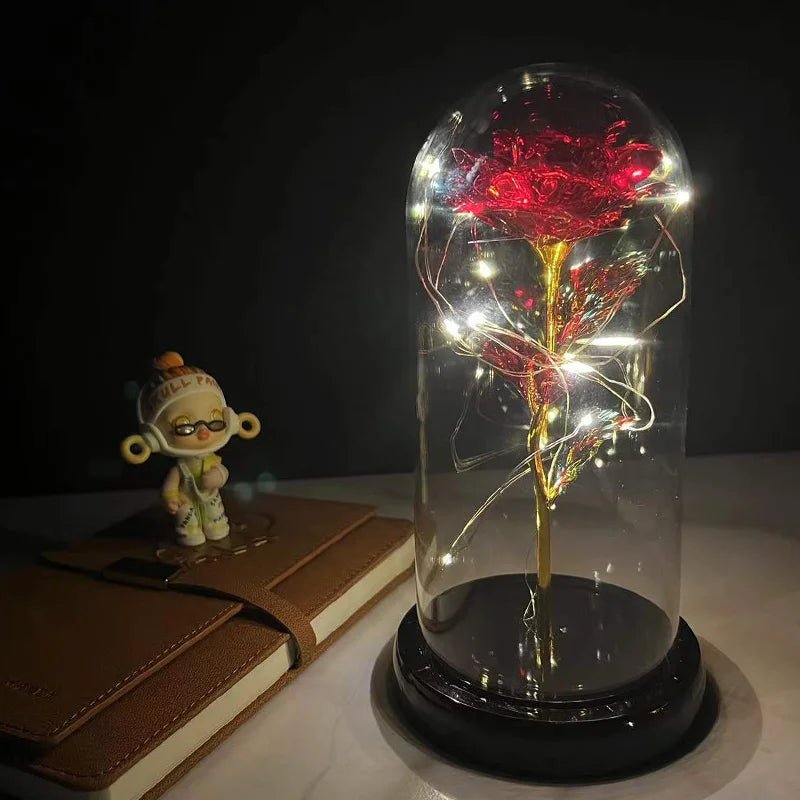 Glowing Love: Exquisite LED Galaxy Rose with 24K Gold Finish and Fairy String Lights in a Holiday Dome - My Special Person